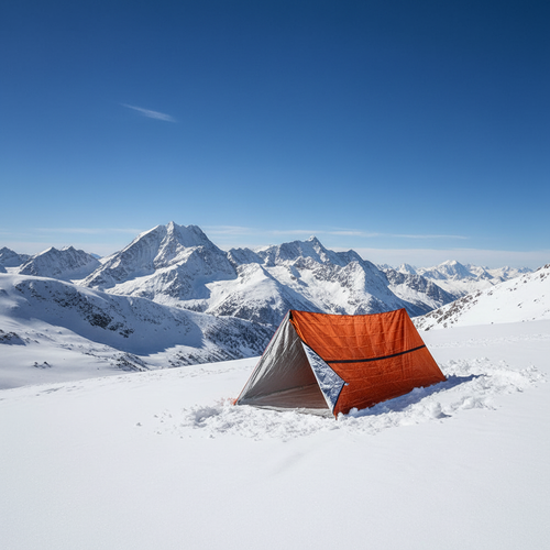 Orange and silver emergency bivvy shelter set up on snowy mountain slope