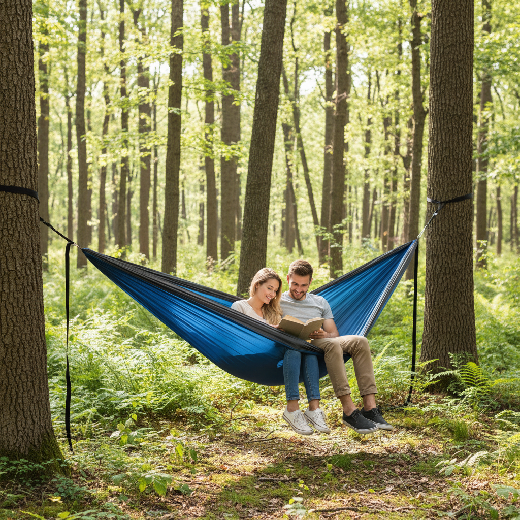 Couple relaxing in royal blue and dark grey double parachute hammock in sunny forest