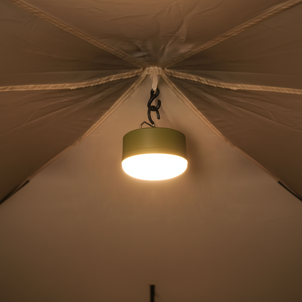 Olive green LED camping lantern hanging from tent peak glowing with warm amber light