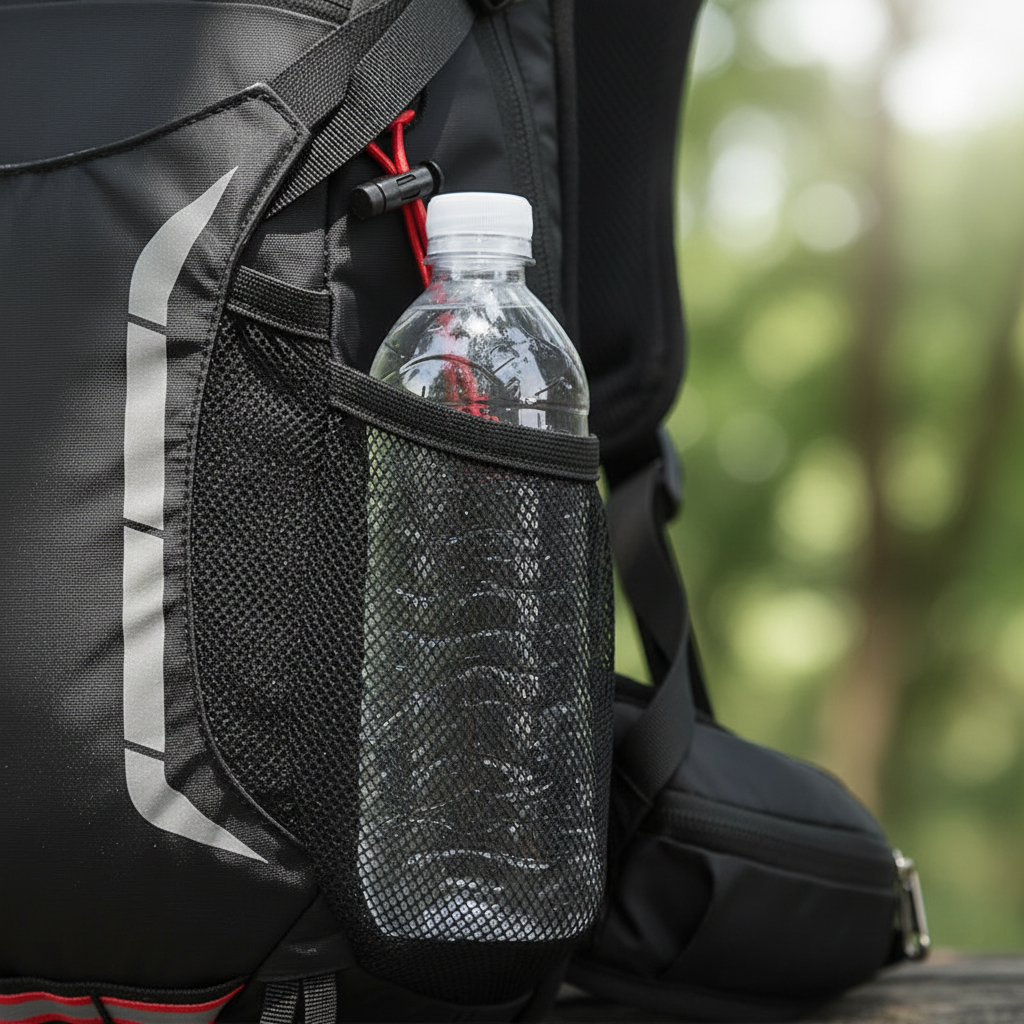 Close-up of black hiking daypack mesh side pocket with water bottle