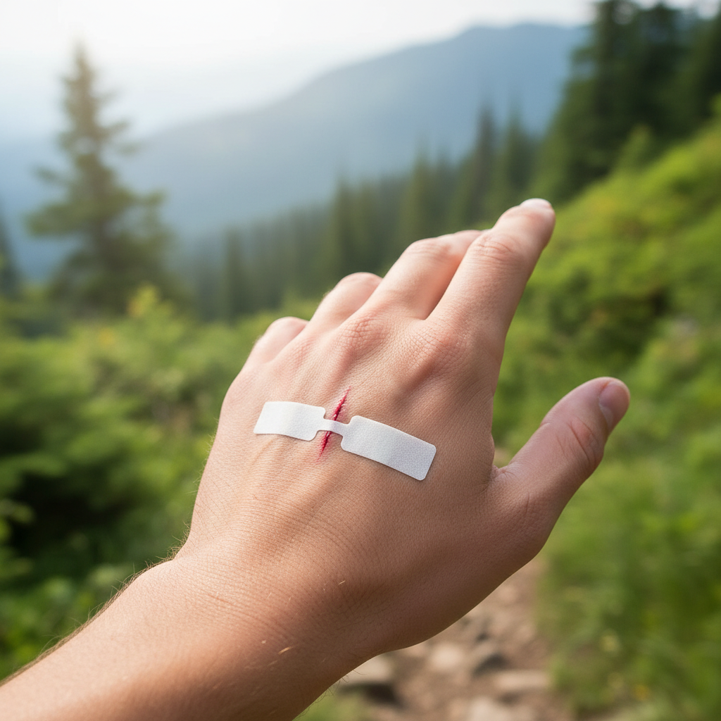 Hiker's hand with white butterfly closure bandage applied on mountain trail