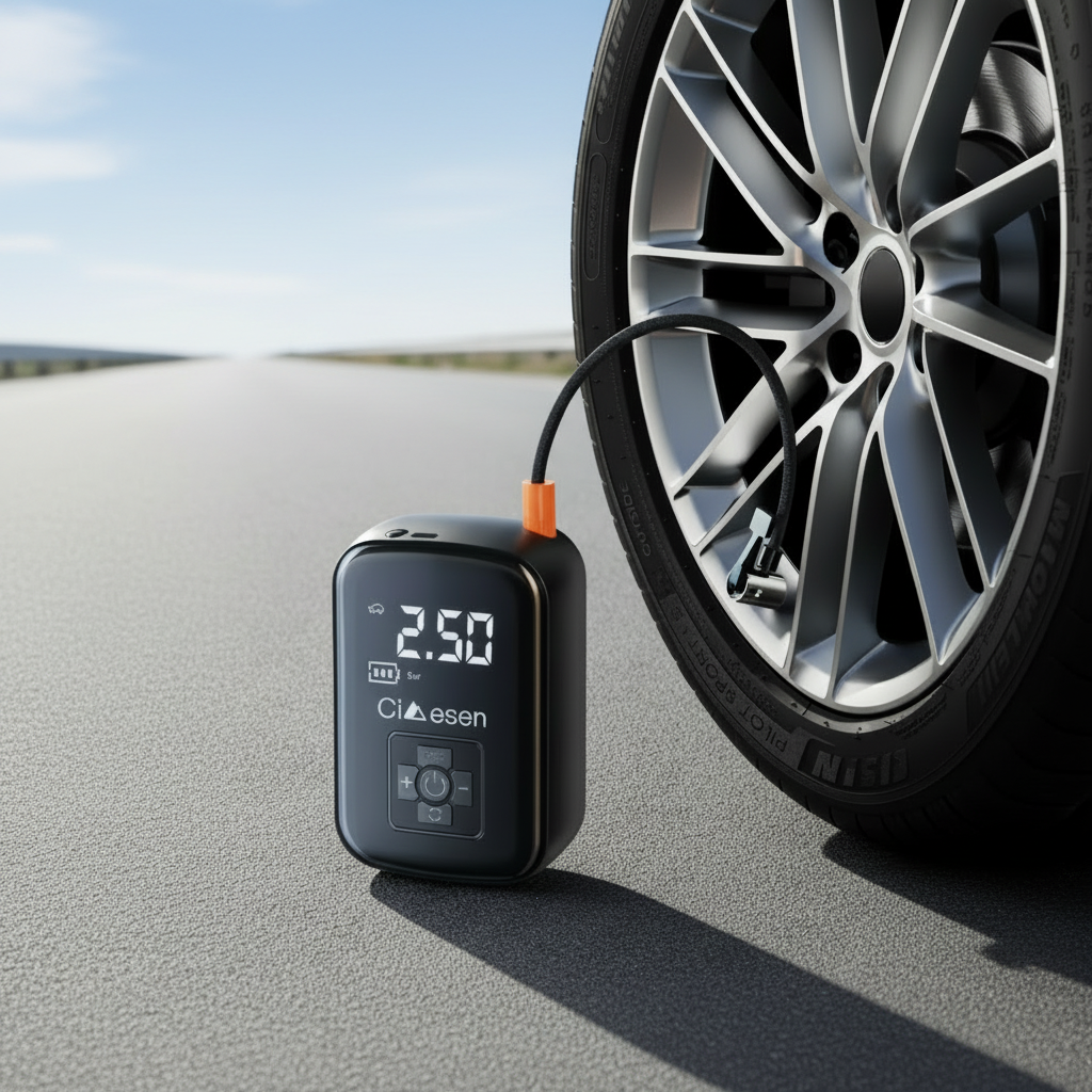 Portable Tire Inflator on open road daytime