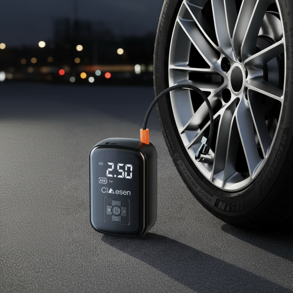 Portable Tire Inflator next to car tire at night