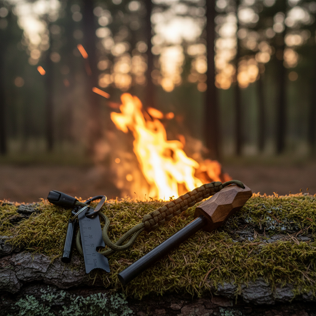 Faceted wood handle fire starter kit on mossy log with campfire glow at dusk