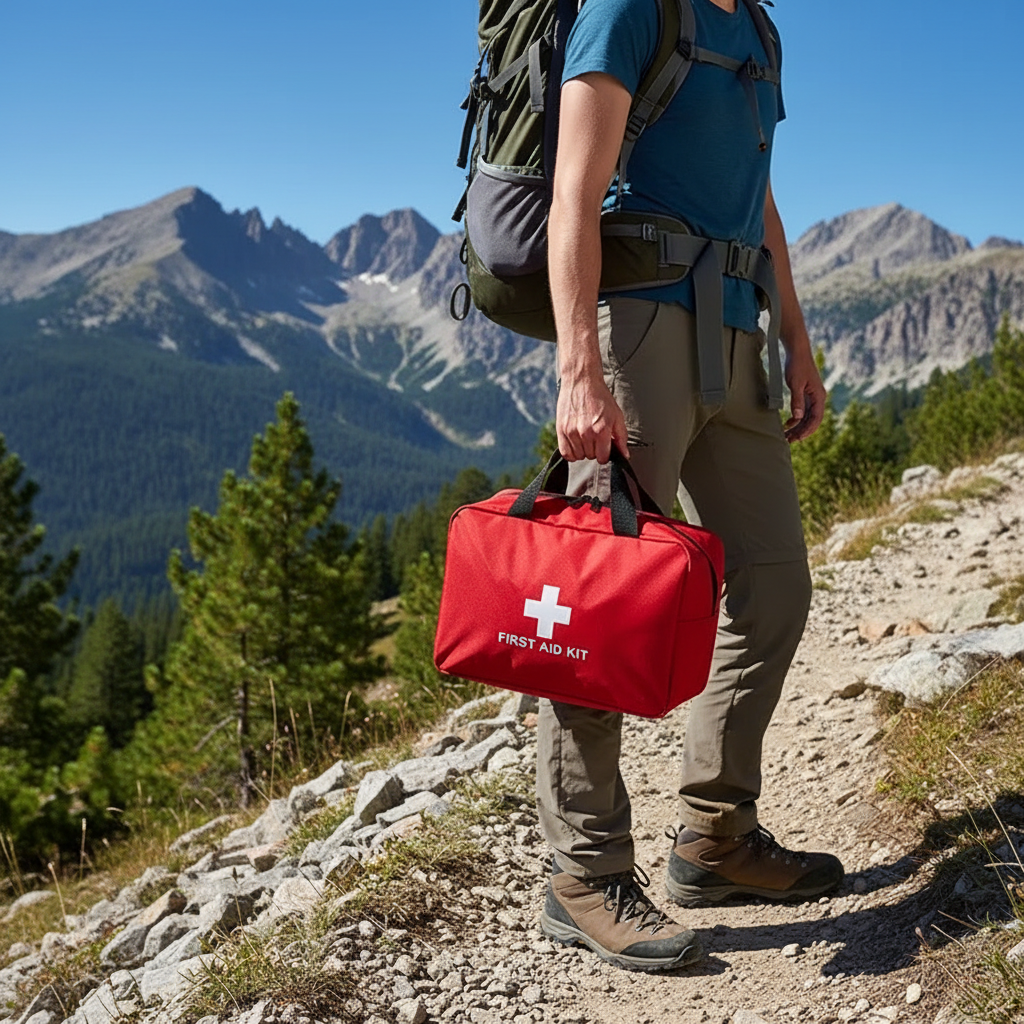 Hiker holding red first aid kit bag on mountain trail
