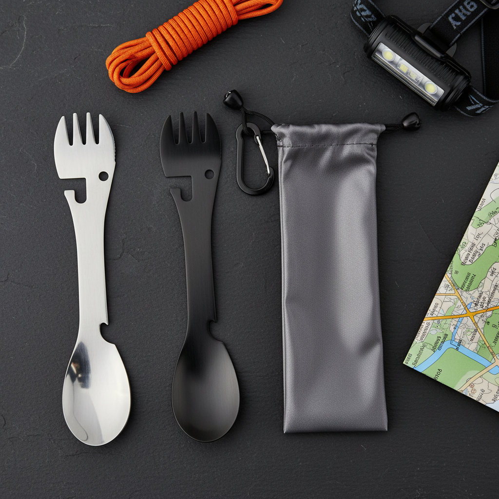 Flat lay of black and silver camping spork multi-tool set with gray drawstring pouch and carabiner on dark slate