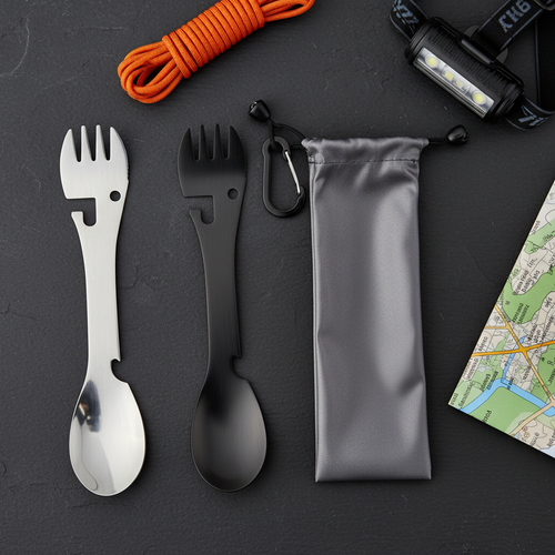 Flat lay of black and silver camping spork multi-tool set with gray drawstring pouch and carabiner on dark slate
