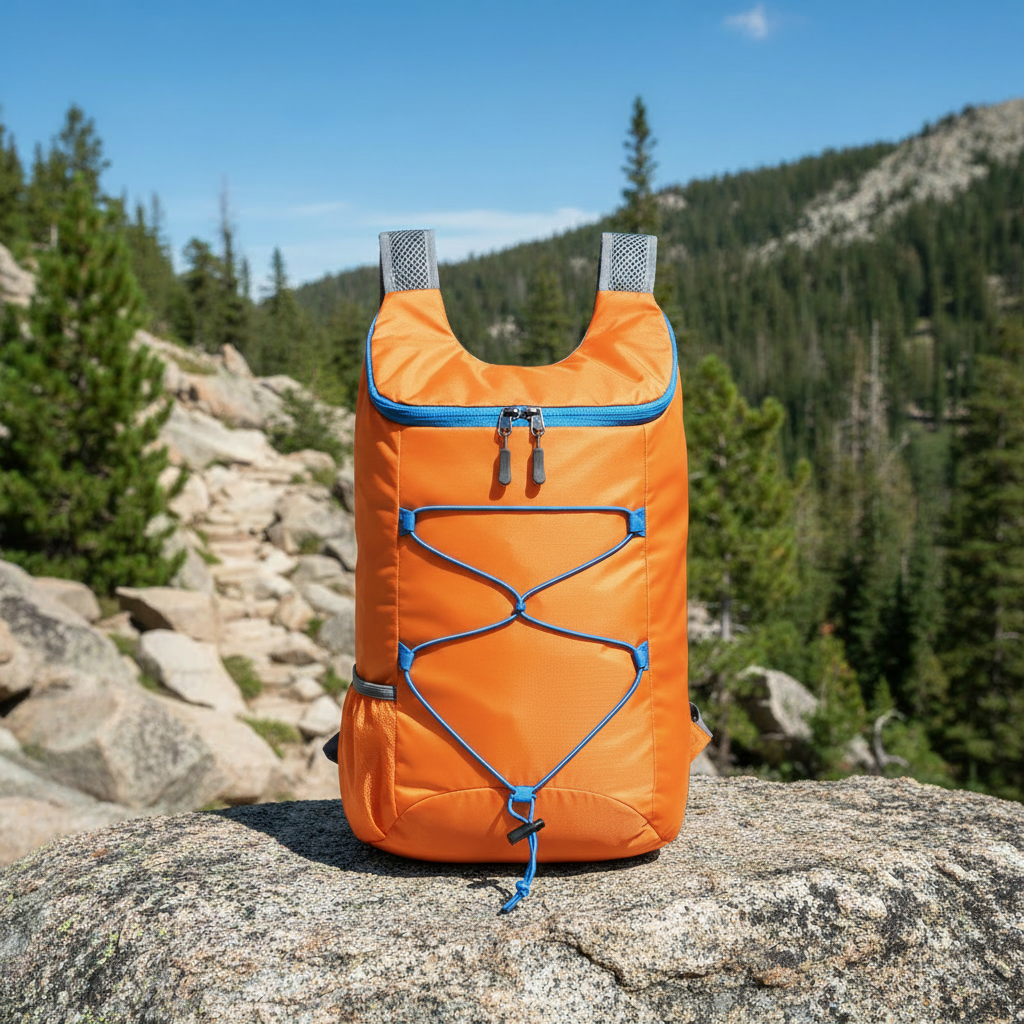 Orange foldable backpack on boulder on mountain trail