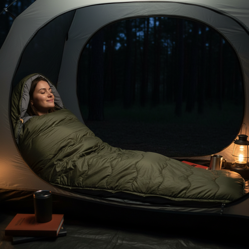 Person sleeping in dark olive green camping sleeping bag inside tent at night