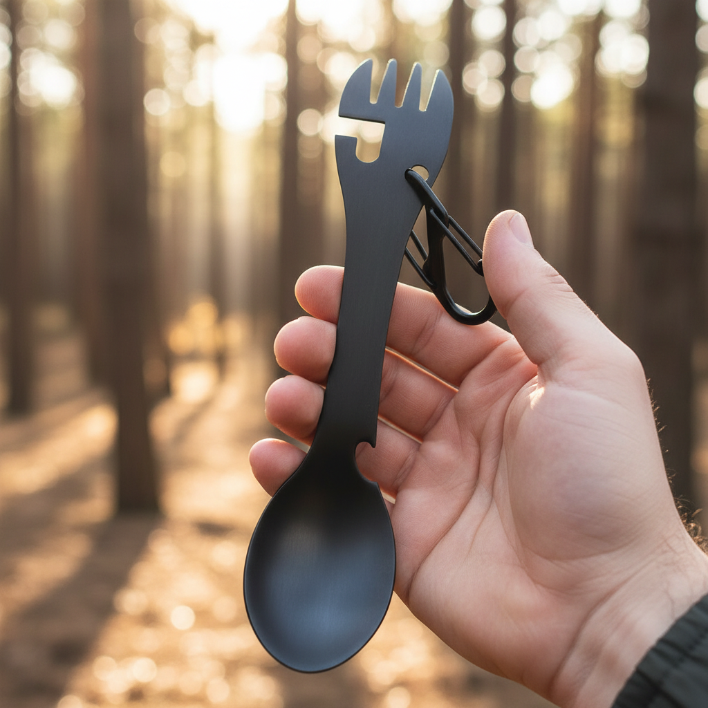 Hand holding black stainless steel 5-in-1 camping spork multi-tool outdoors in forest