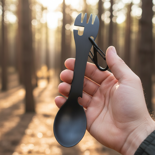 Hand holding black stainless steel 5-in-1 camping spork multi-tool outdoors in forest