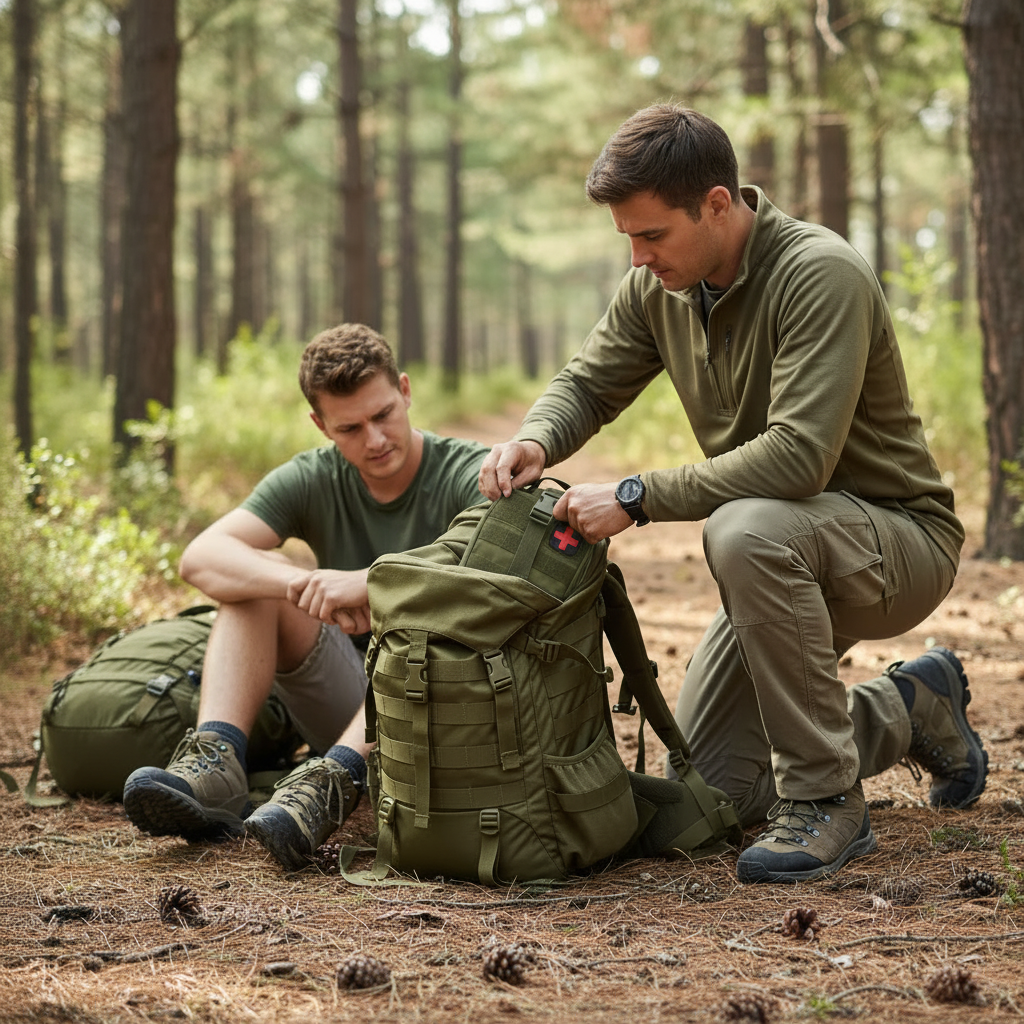 Olive green tactical MOLLE first aid pouch used on hiking trail treating injury