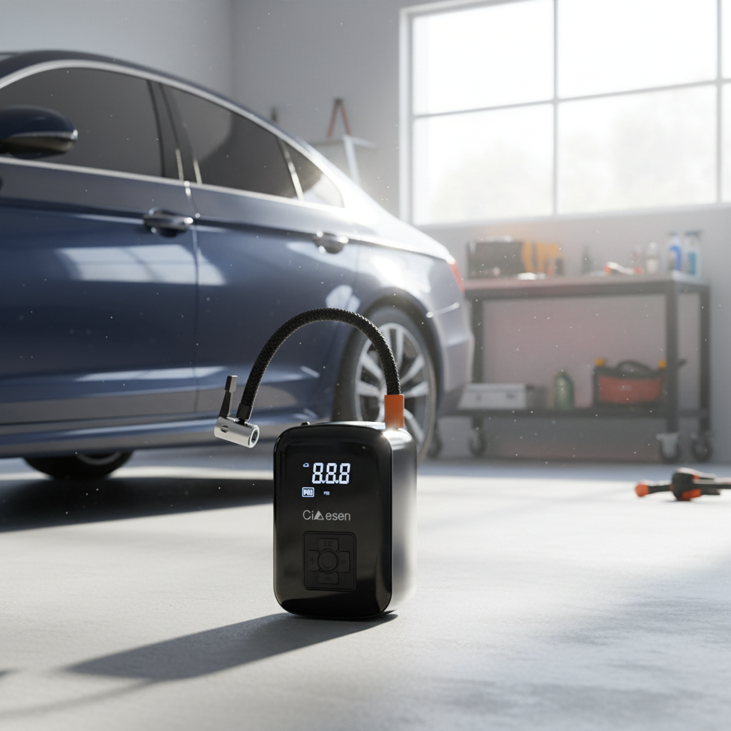 Portable Tire Inflator in sunny garage