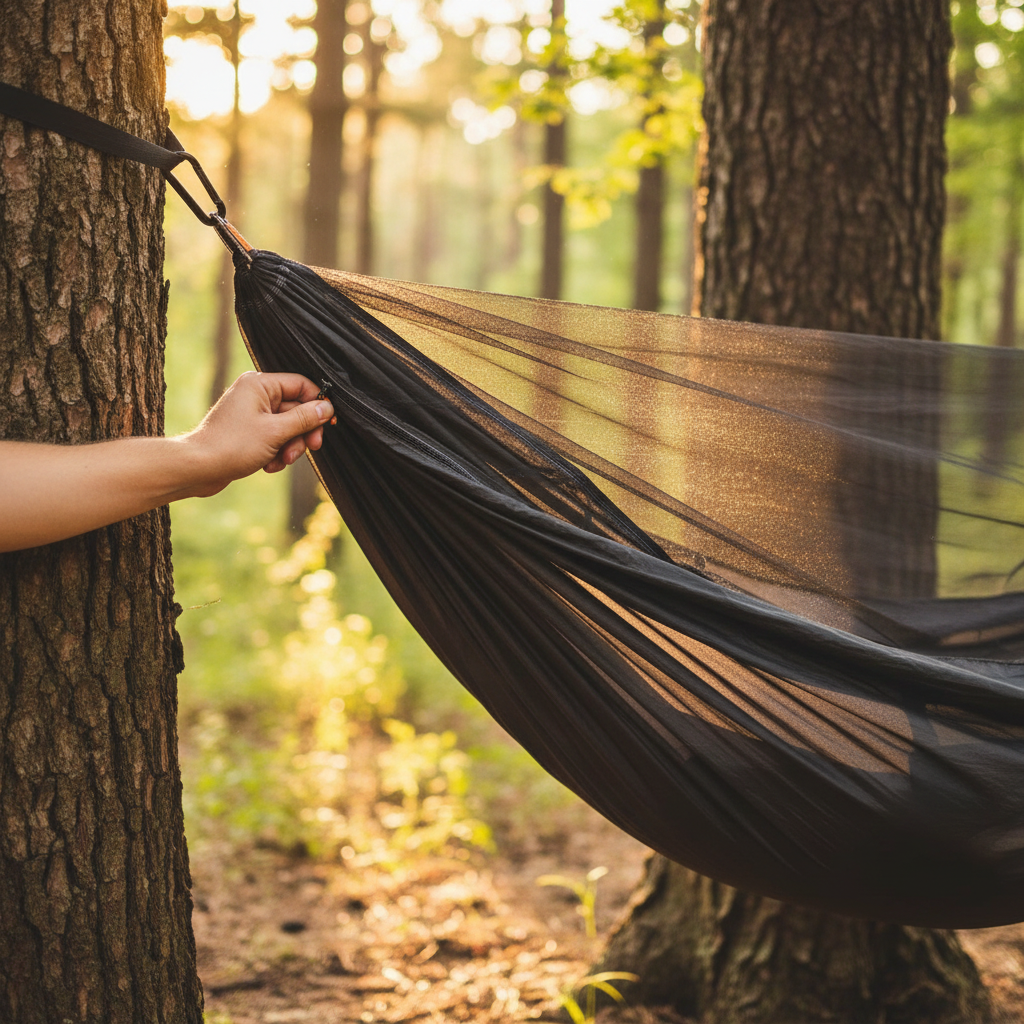 Close-up of hand unzipping two-way zipper on dark gray mesh mosquito net of camping hammock in forest
