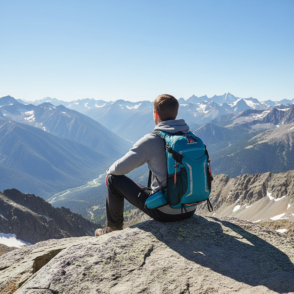 Hiker wearing teal blue hiking daypack sitting on rocky mountain summit with panoramic view