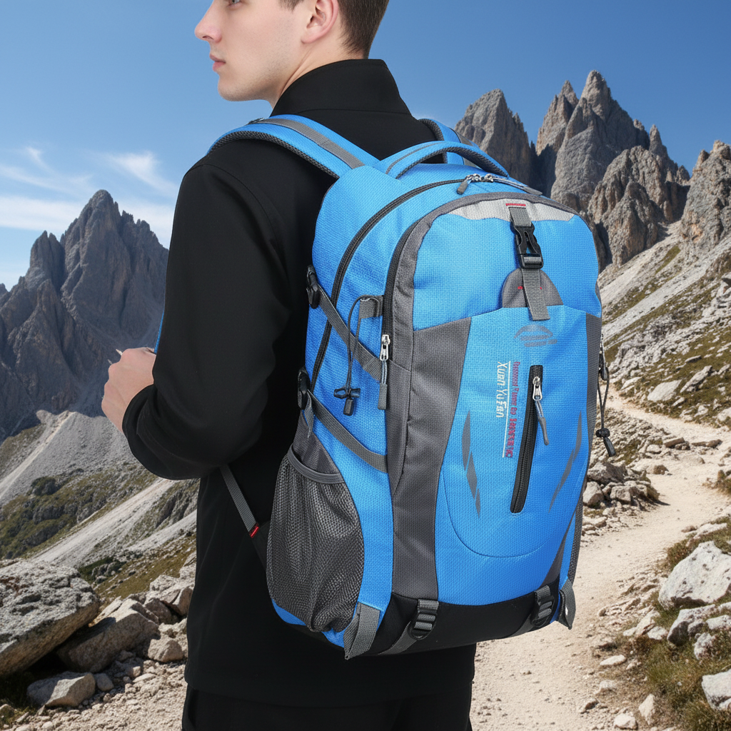 Man wearing bright blue waterproof hiking backpack on mountain trail