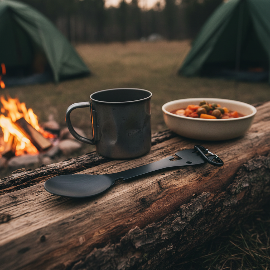 Black stainless steel 5-in-1 camping spork multi-tool resting on wooden log at campsite next to tin mug