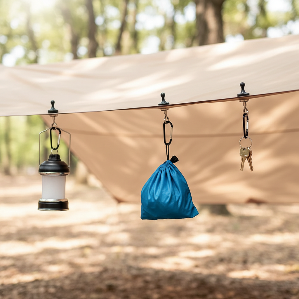 Multiple magnetic camping hooks on tarp canopy holding lantern, stuff sack and keys