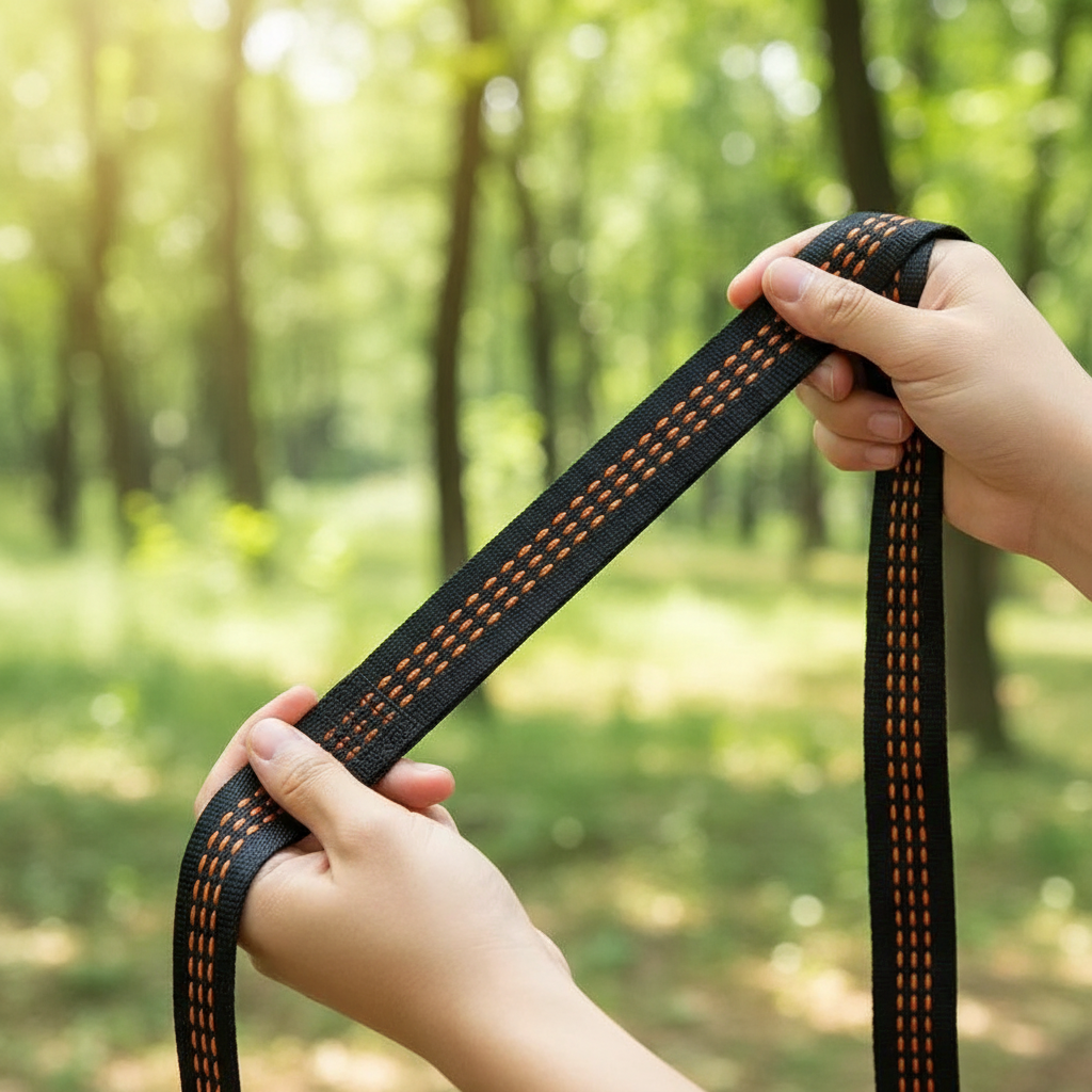 Hands holding two black hammock straps with orange stitching showing loop rings and strap texture outdoors