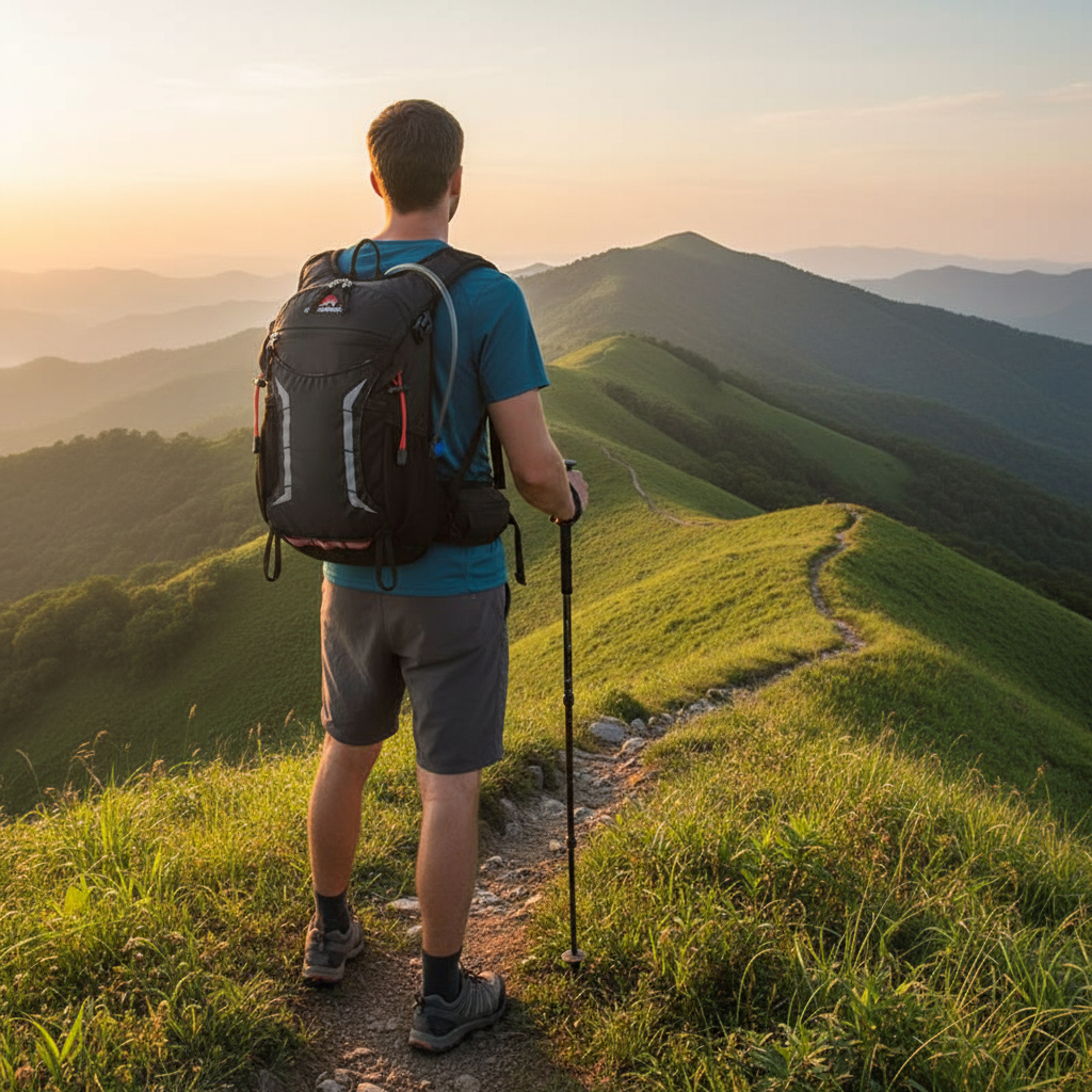 Hiker wearing black hiking daypack on scenic mountain trail at golden hour