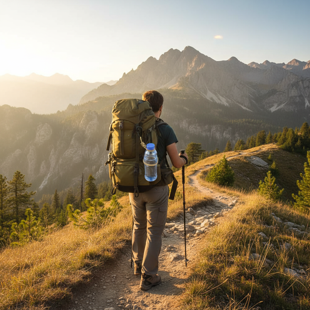 Hiker on mountain trail with water bottle clipped to backpack using army green paracord clip