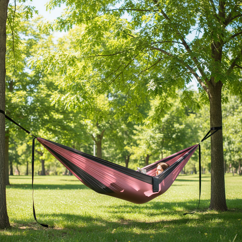 Person relaxing in pink and dark grey double parachute hammock with pink center and grey border panels in sunny park