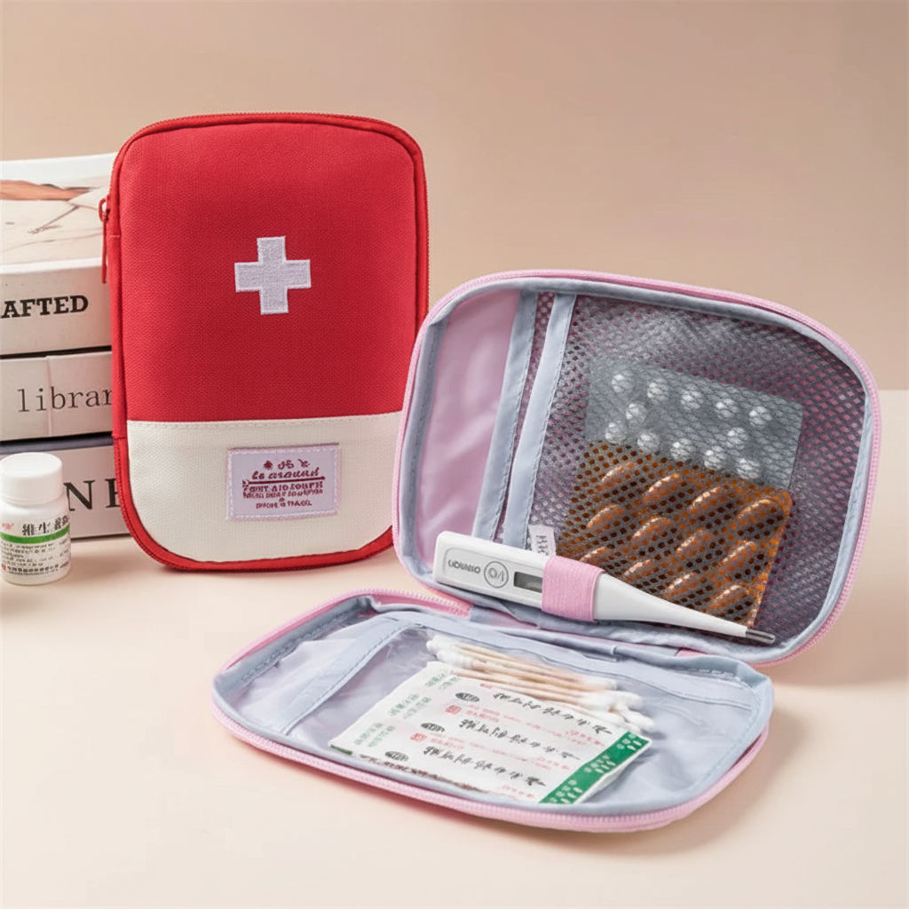 Red and pink compact travel medicine pouches on warm beige background, one open showing interior