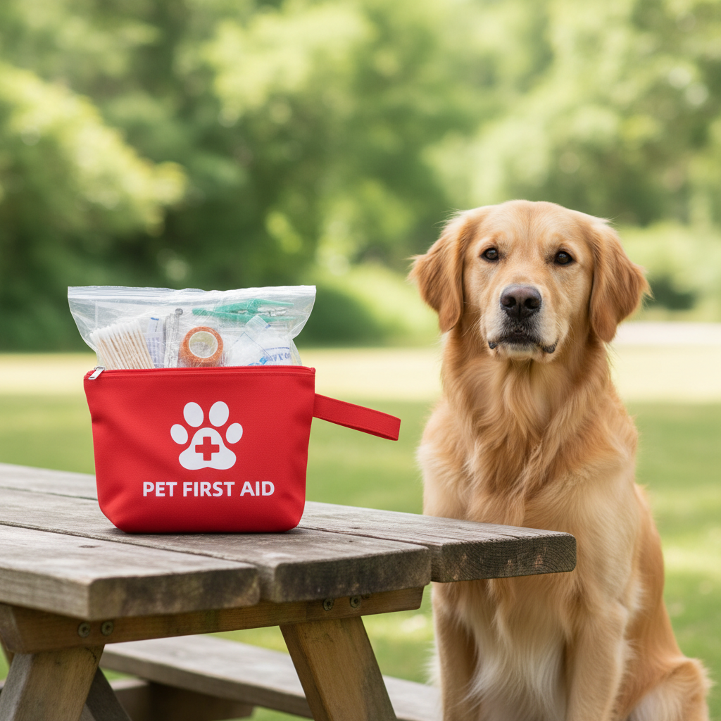 Pet first aid kit red pouch on picnic table with golden retriever