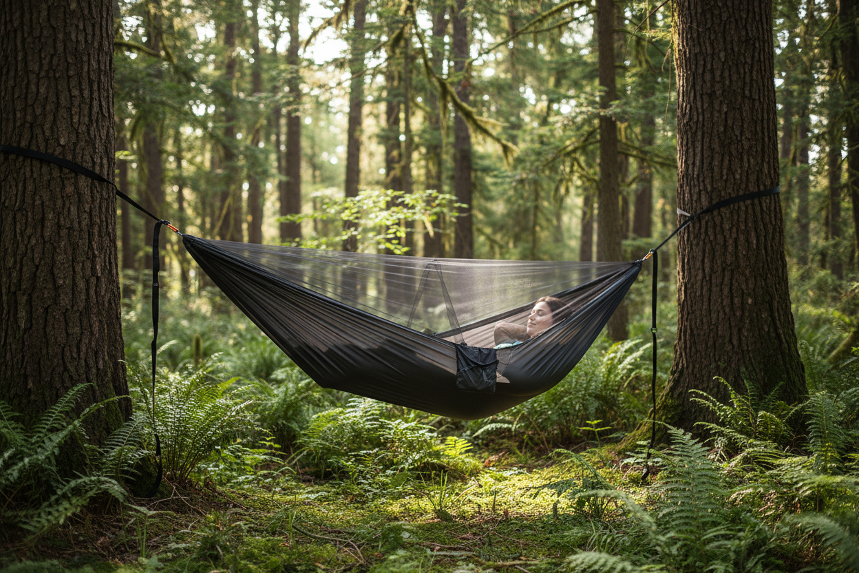 Person relaxing inside dark charcoal camping hammock with integrated mosquito net zipped closed between trees in forest