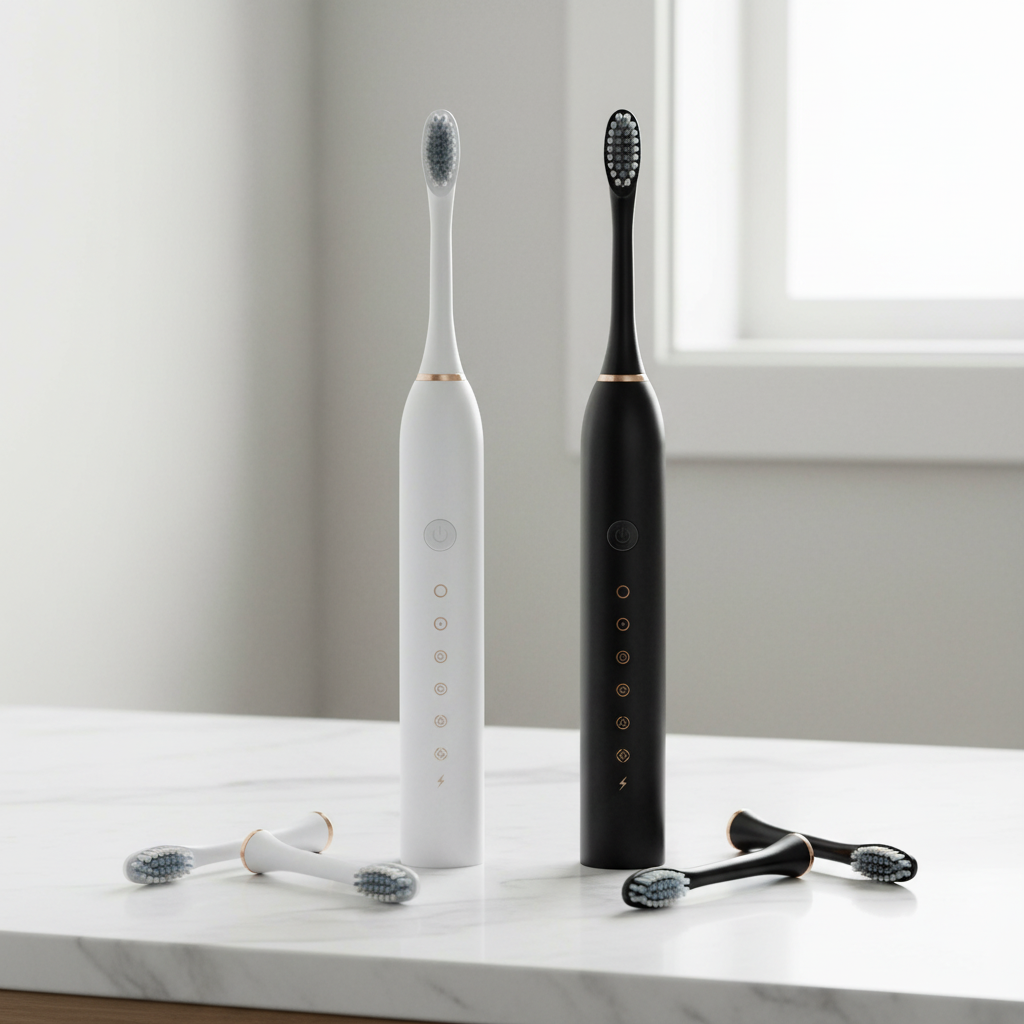 White and black electric toothbrush set with 4 replacement brush heads on marble bathroom counter