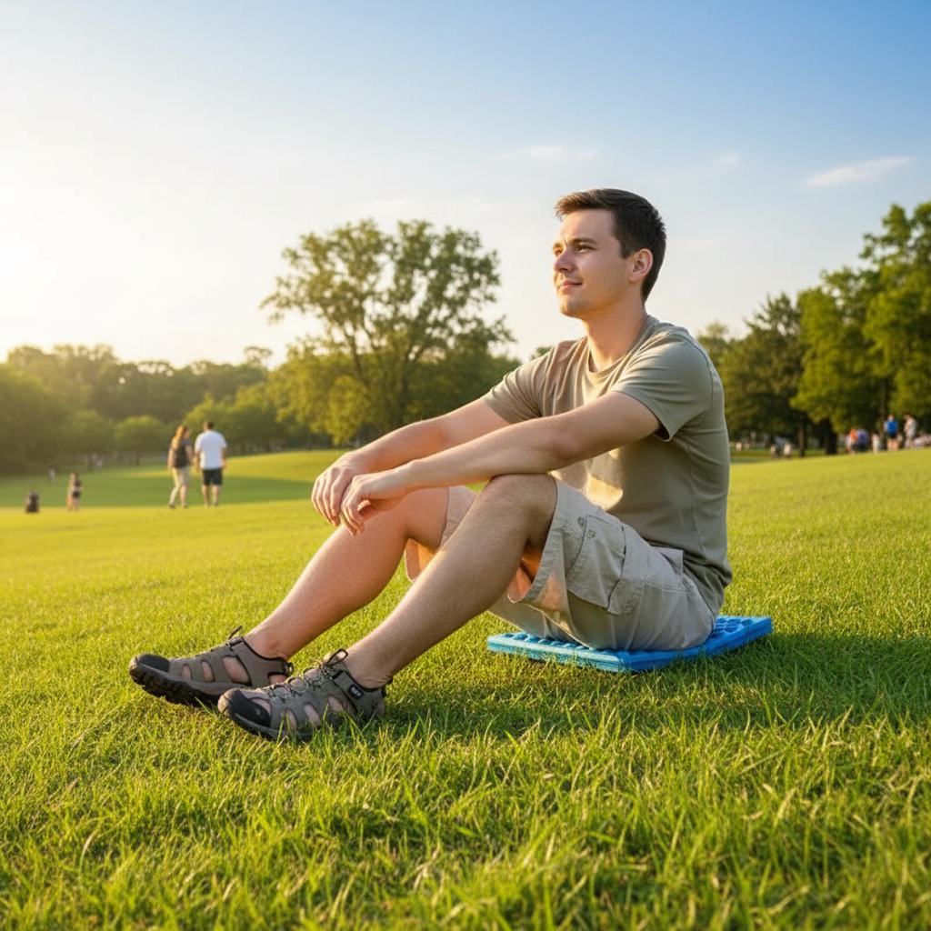 Person sitting on blue foldable XPE foam camping seat cushion on grassy hillside at park