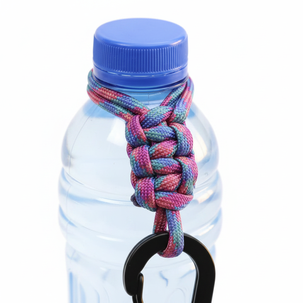 Close-up of multicolor pink blue paracord water bottle keychain clip diamond knot detail
