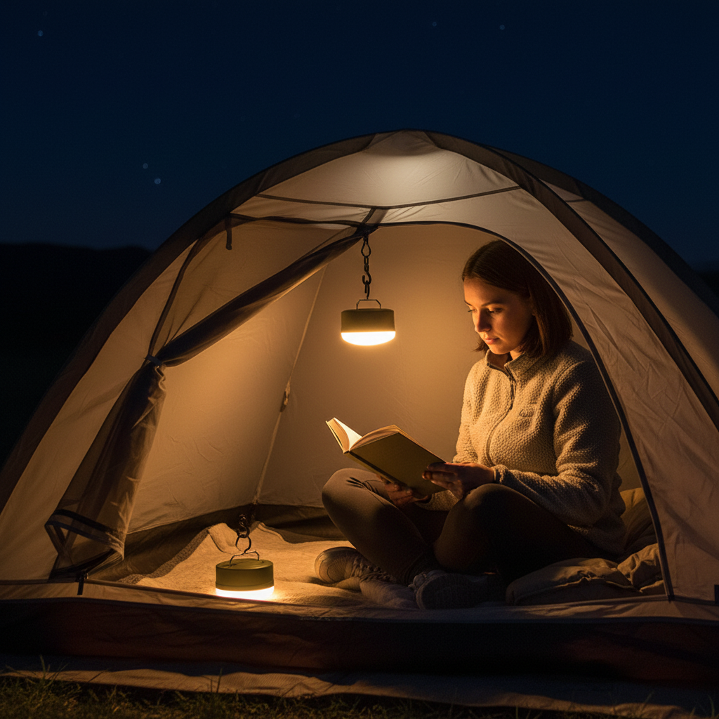 Person sitting in tent reading book by warm glow of olive green LED camping lantern