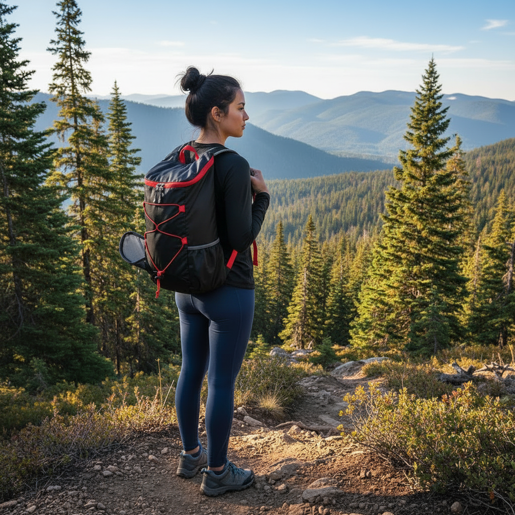 Woman wearing black foldable backpack with red zipper on a mountain trail