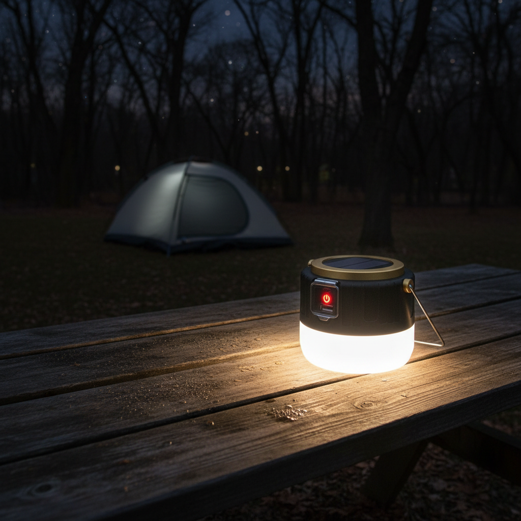 Solar Rechargeable LED Camping Lantern - Black and Gold campsite lifestyle
