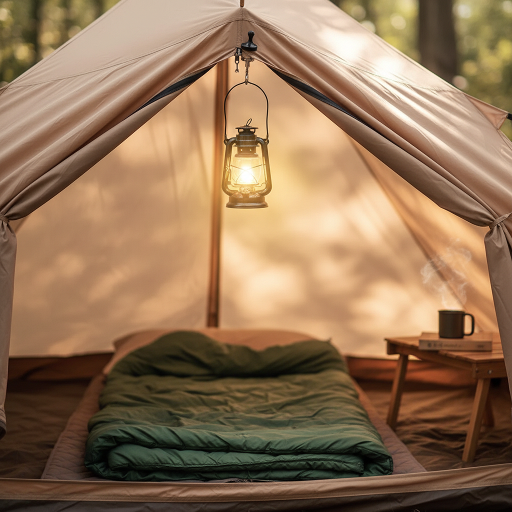 Magnetic camping hook hanging a lantern inside a tent