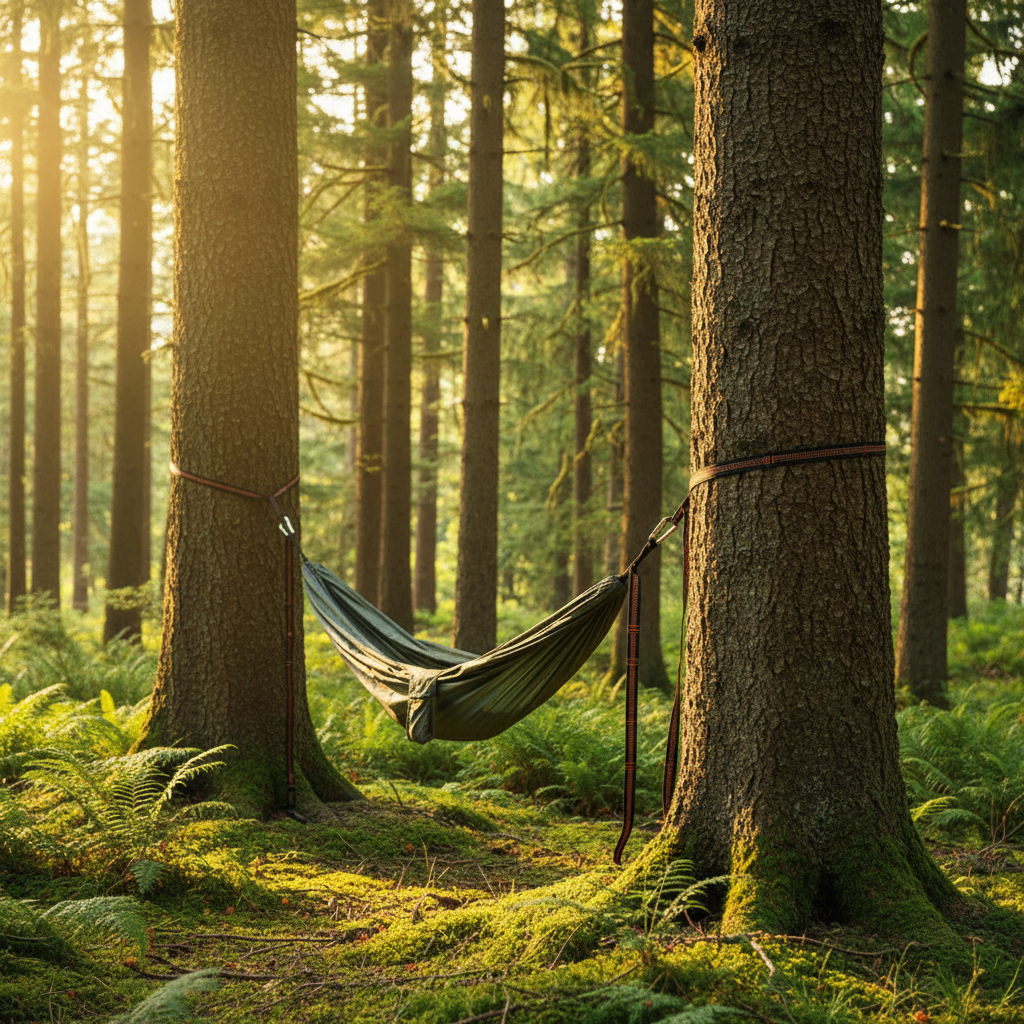 Black hammock straps with orange stitching wrapped around two trees with hammock hanging between them