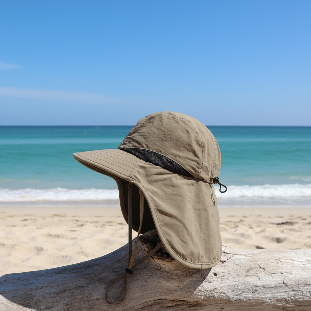Tan legionnaire sun hat on beach with turquoise ocean background