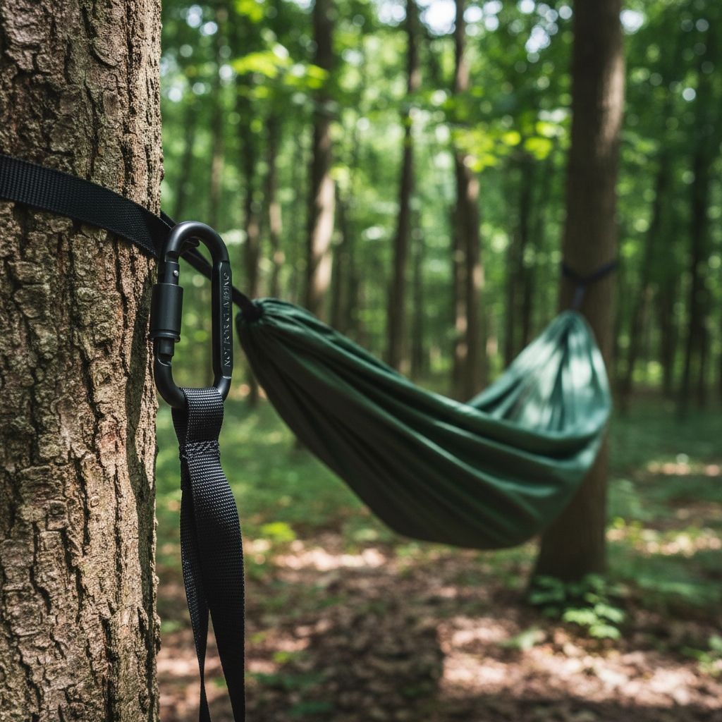 Black aluminum carabiner clipping hammock strap to tree in forest campsite