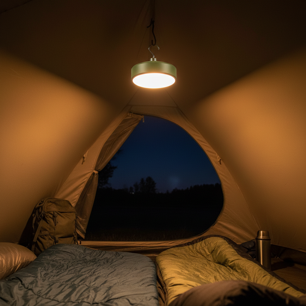 Olive green LED camping lantern hanging inside tent glowing with warm light