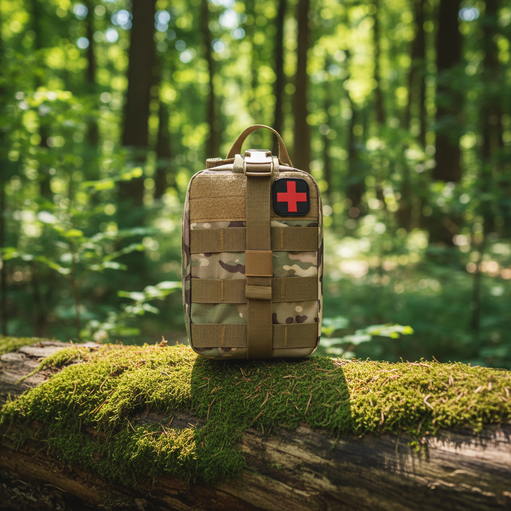 Multicam tactical MOLLE first aid pouch on mossy log in bright daylight forest