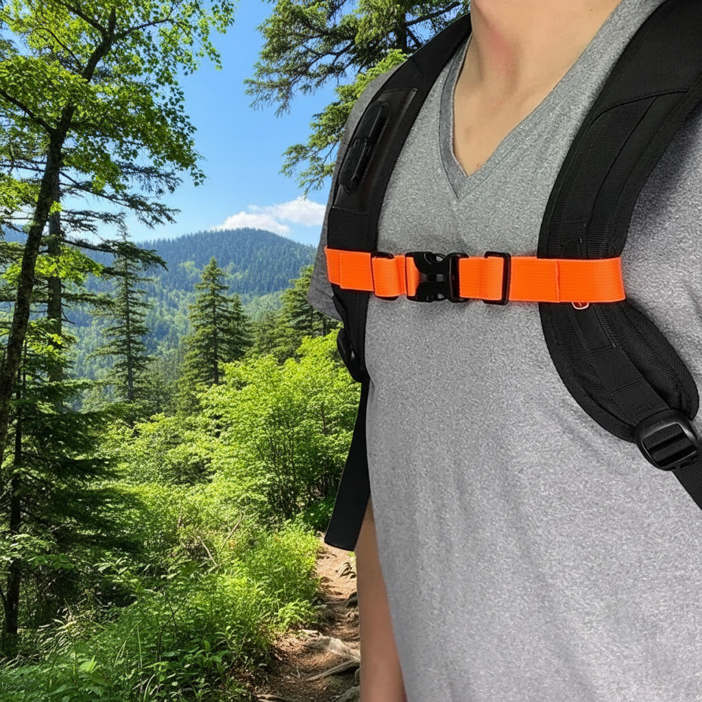 Close-up of orange backpack chest strap worn on mountain trail background