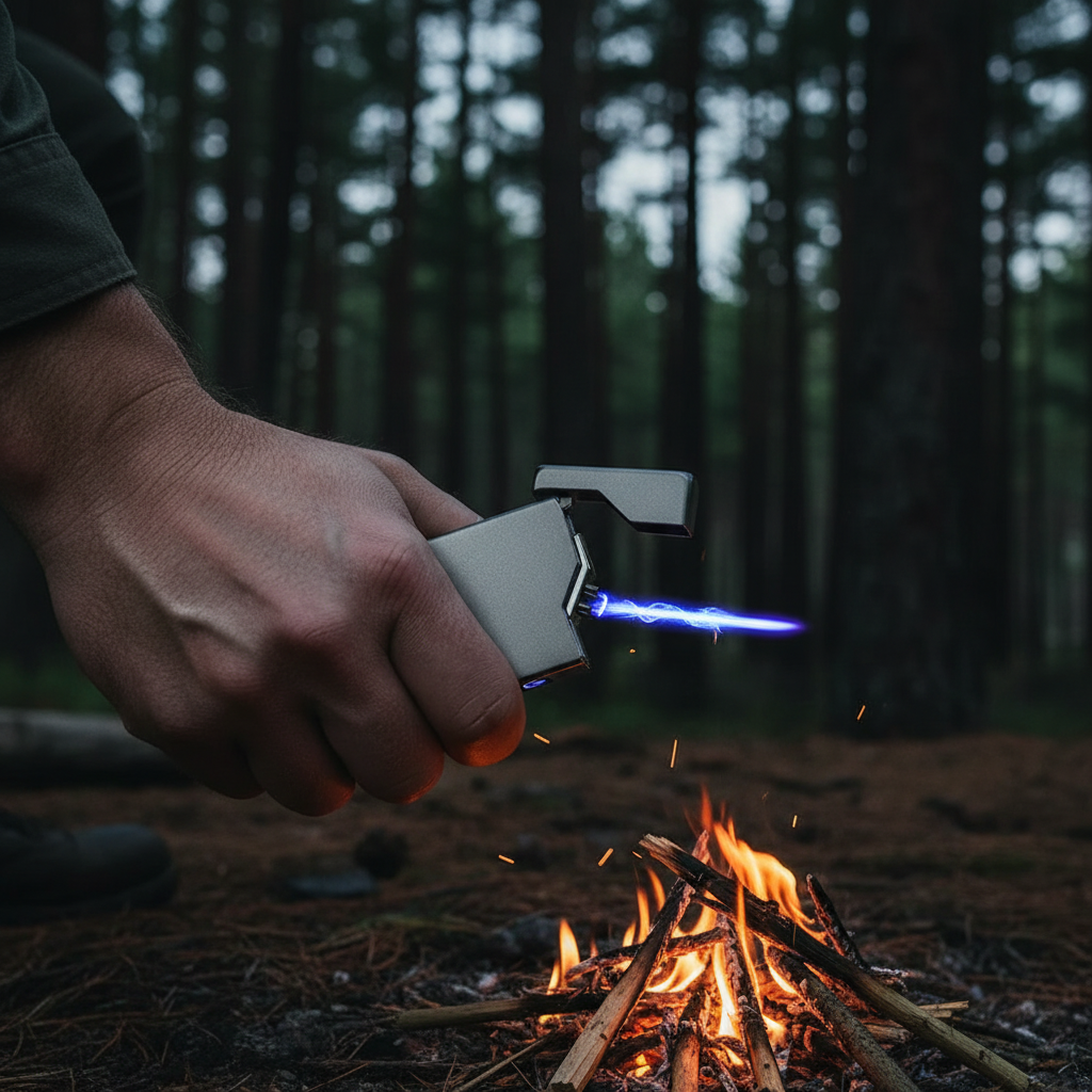 Gunmetal gray dual arc plasma lighter lighting campfire in forest at night