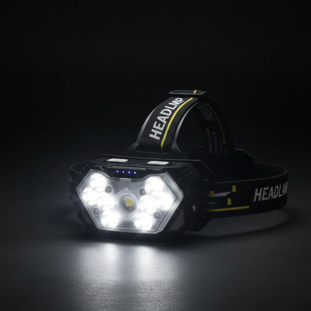9 LED Rechargeable Headlamp studio product shot with glowing LEDs