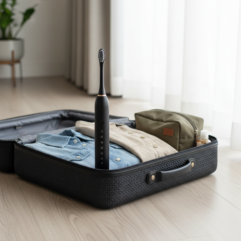 Black electric ultrasonic toothbrush packed in open suitcase next to folded clothes and toiletry bag