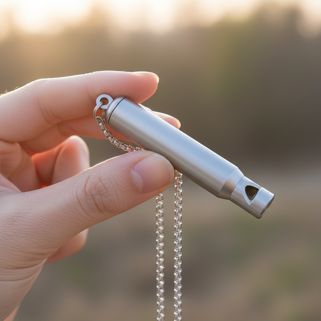 Close-up of brushed silver stainless steel survival whistle held between fingers showing mouthpiece detail