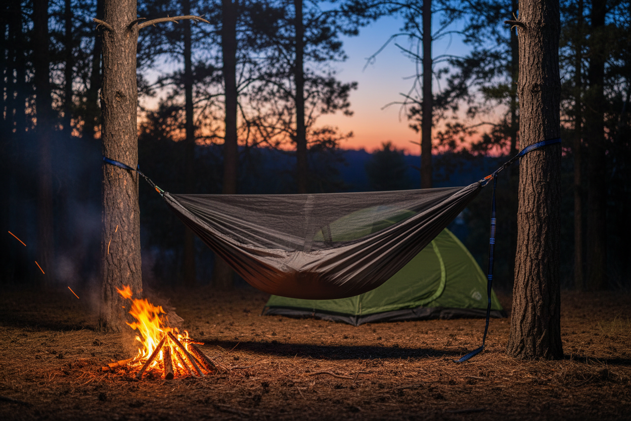 Dark charcoal camping hammock with mosquito net strung between trees at campsite at dusk with campfire glowing