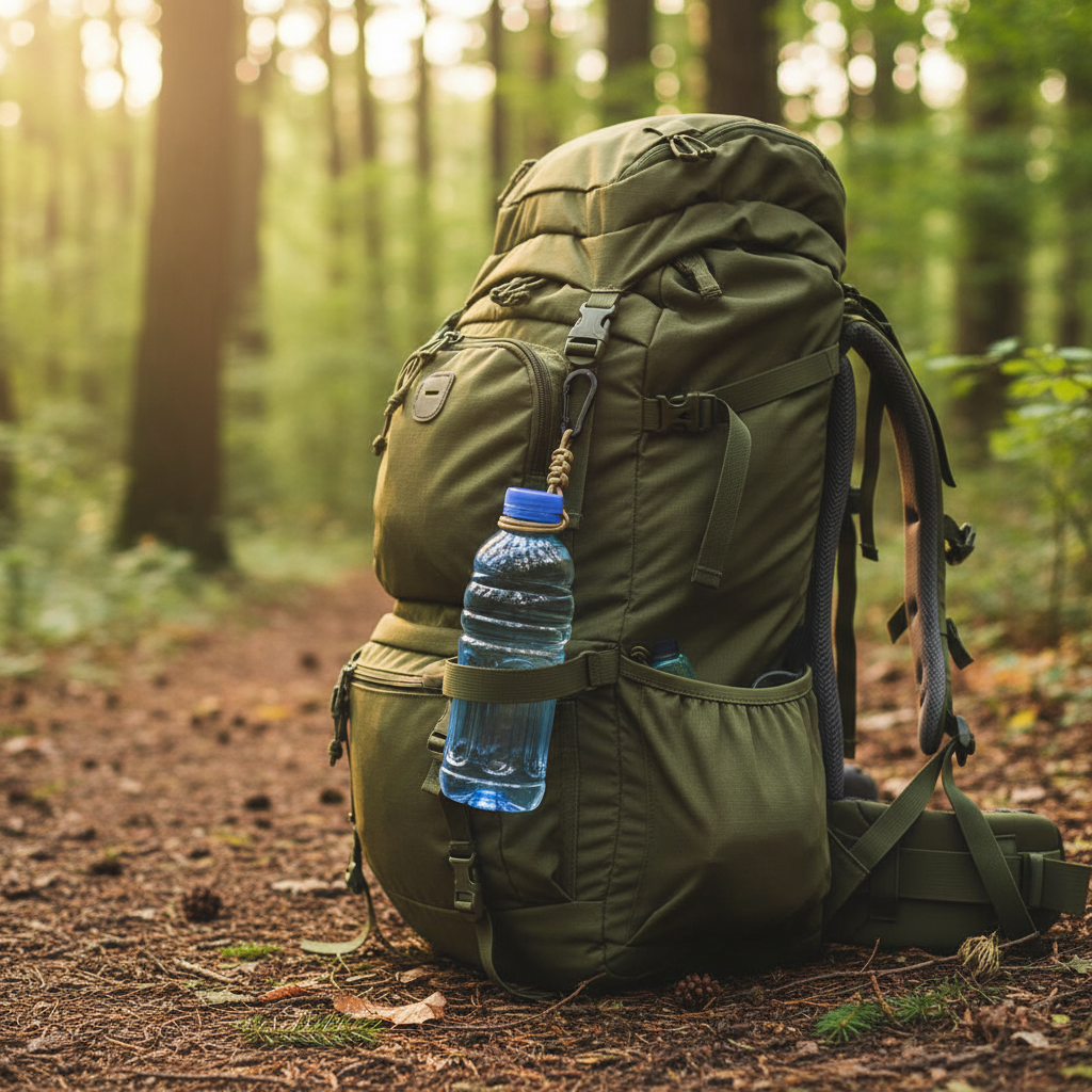 Water bottle with tan paracord keychain clip attached to hiking backpack in forest