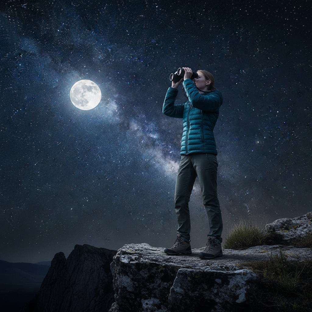 Woman holding compact binoculars stargazing at night under Milky Way