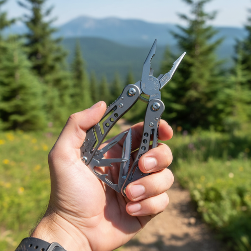 Hand holding dark gunmetal gray 24-in-1 multitool on outdoor trail